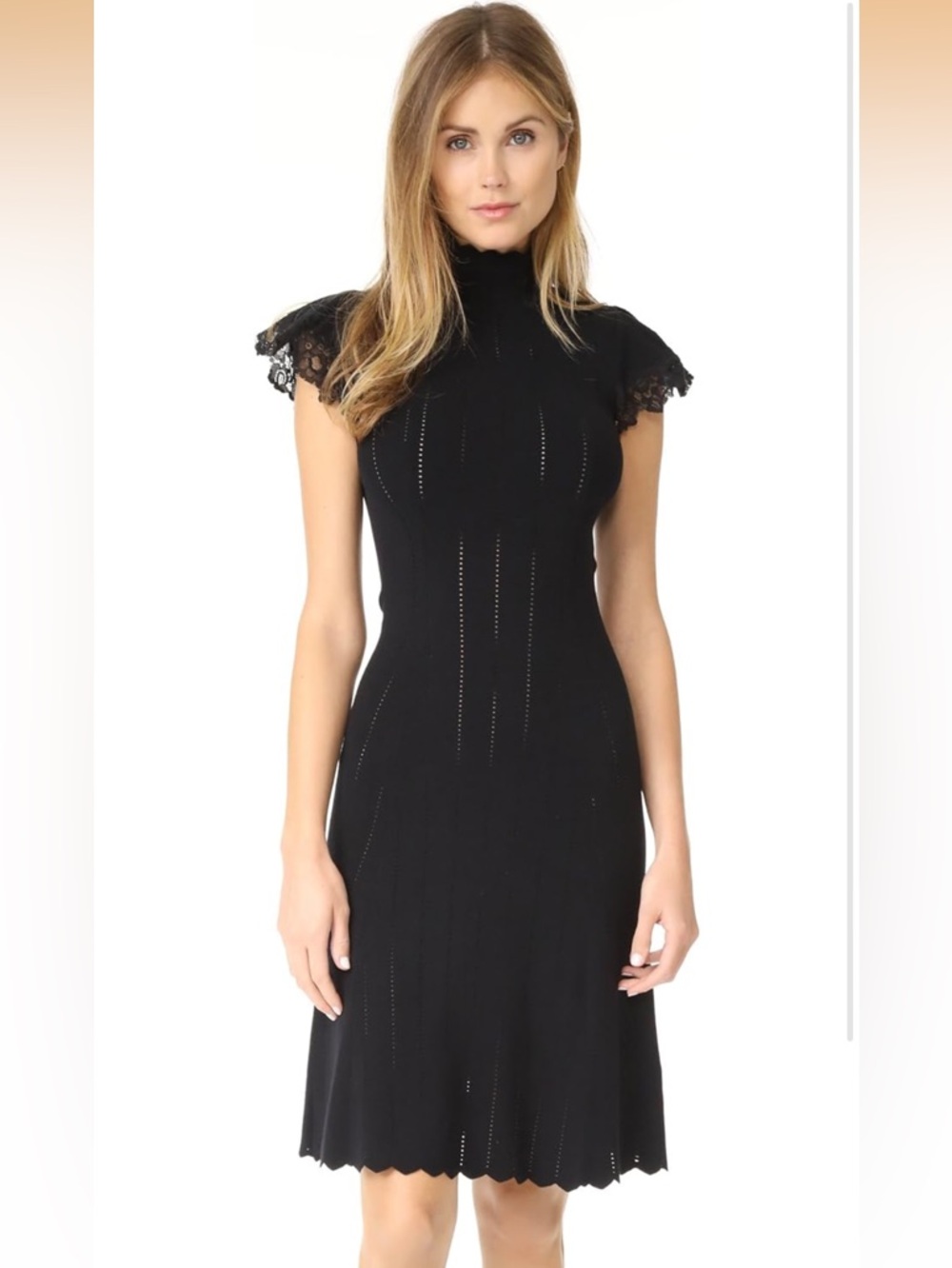 Rebecca Taylor Black Knit Dress Lace Sleeve Mock Neck Bodycon Knee Length Size S